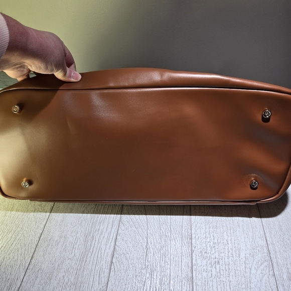 ANNE KLEIN Navy Quilted Weekender Bag Brown Faux Leather Dual Compartment 20x14 - Picture 10 of 13